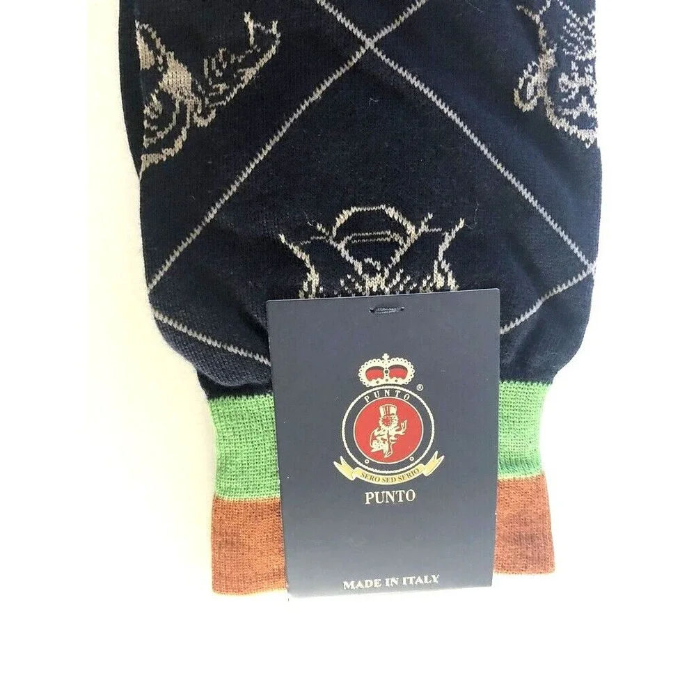 Punto Mens Dress Socks 10-13 Egyptian Cotton Navy Blue Wise Monkeys Italian